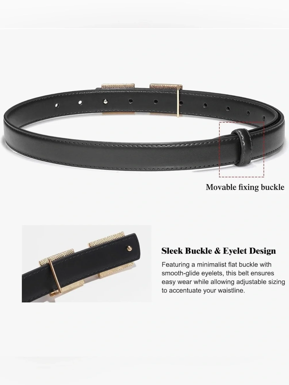 Brand New Black Leather Waist Belt with Gold Geometric Buckle Waist Size 25”-34”